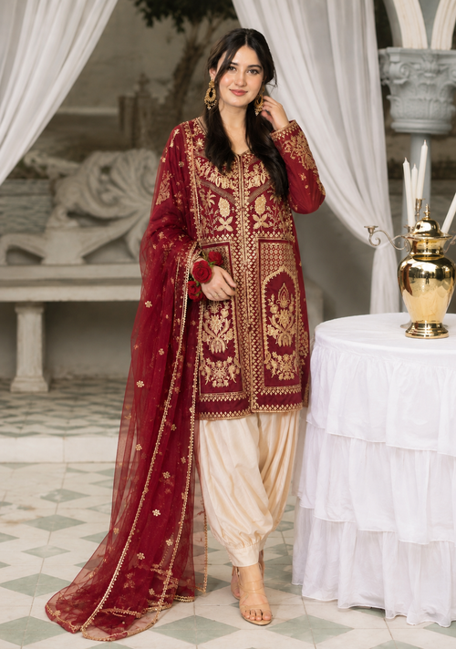Ruby Red Luxury Embroidered 3-Piece Suit with Organza Dupatta & Tulip Shalwar