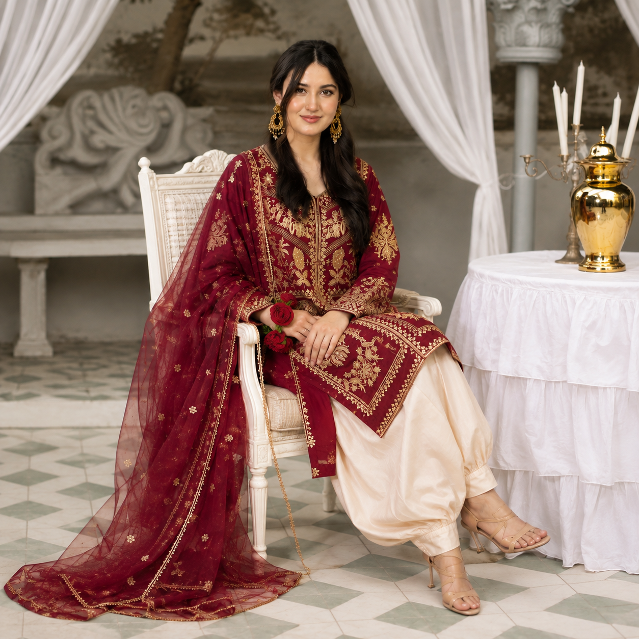 Ruby Red Luxury Embroidered 3-Piece Suit with Organza Dupatta & Tulip Shalwar