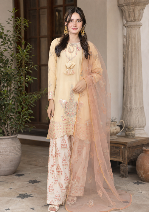 Cream Ivory Embroidered 3-Piece Lawn Suit with Organza Dupatta & Printed Palazzo