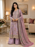 Lavender Bloom Embroidered Silk Viscose Suit with Printed Silk Dupatta & Flare Trouser