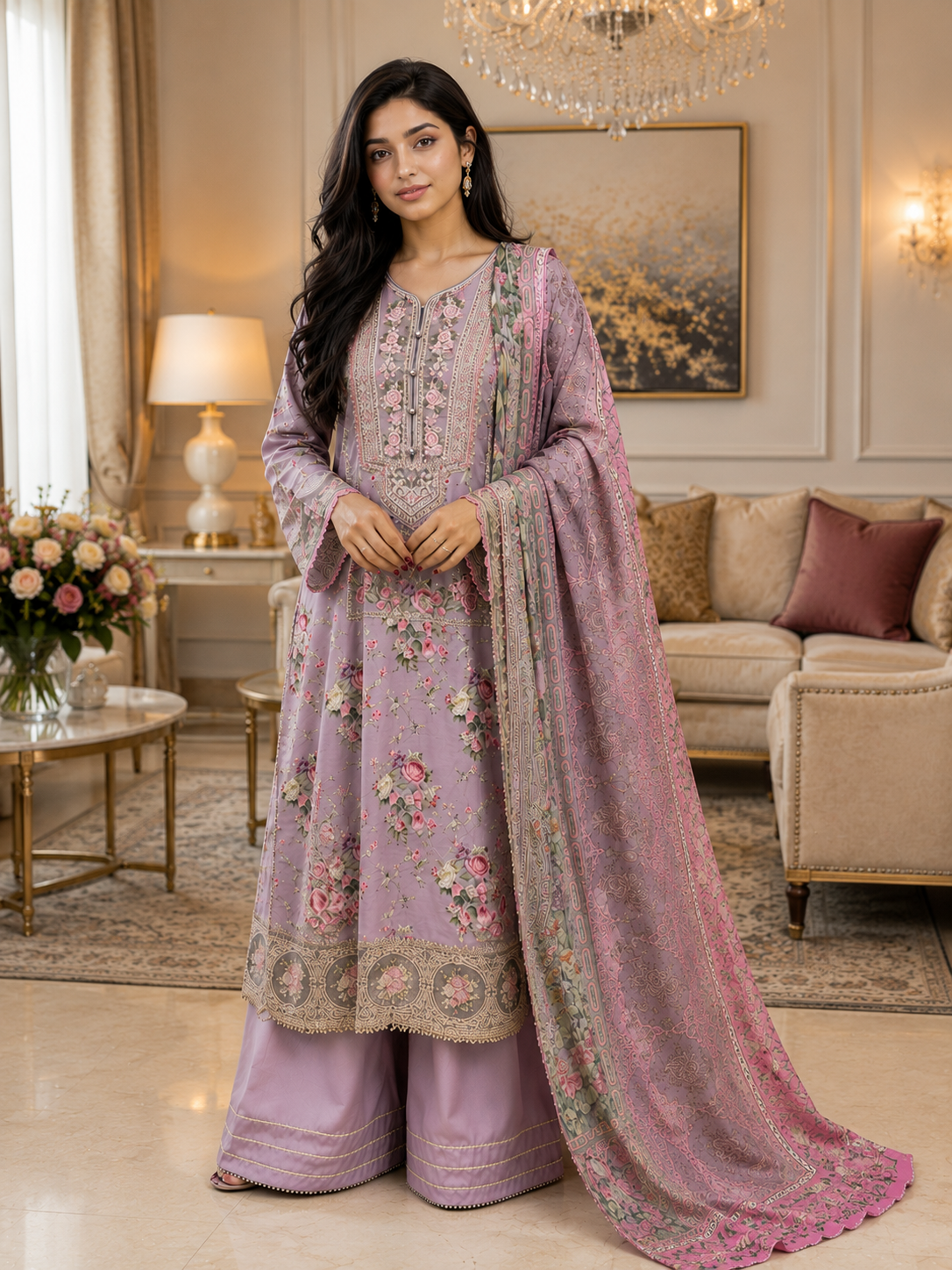 Lavender Bloom Embroidered Silk Viscose Suit with Printed Silk Dupatta & Flare Trouser