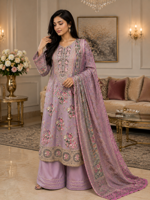 Lavender Bloom Embroidered Silk Viscose Suit with Printed Silk Dupatta & Flare Trouser