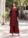 Midnight Ruby Embroidered Silk Suit with Printed Wide-Leg Trouser