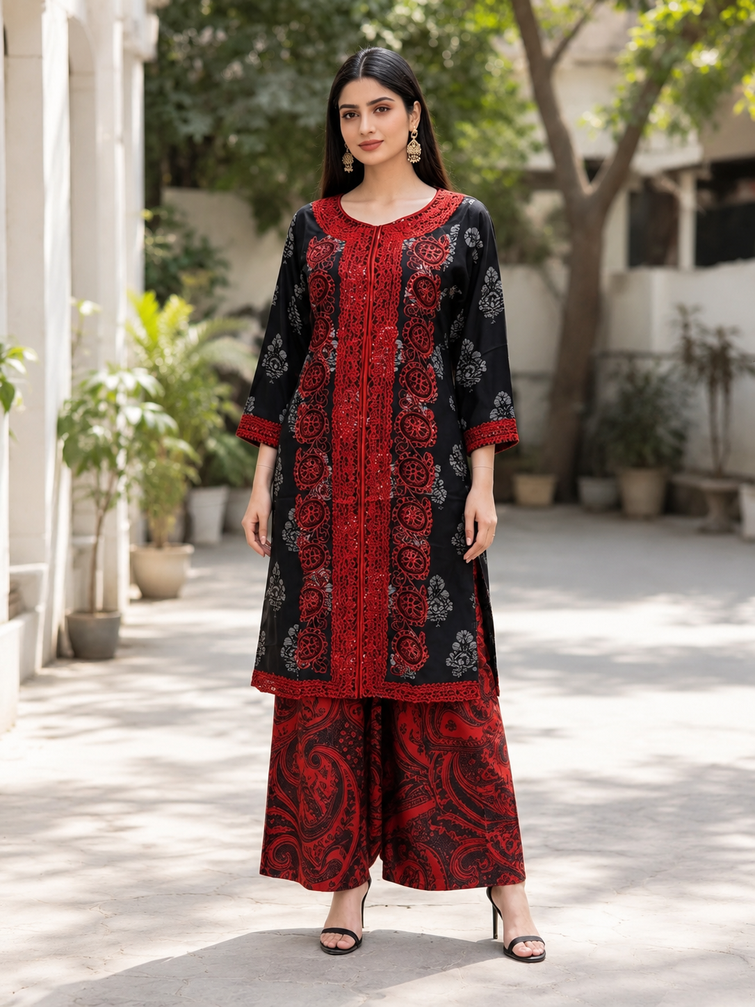 Midnight Ruby Embroidered Silk Suit with Printed Wide-Leg Trouser