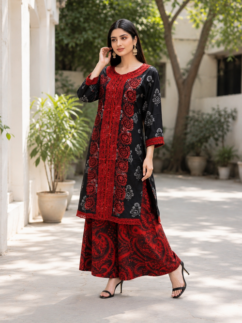 Midnight Ruby Embroidered Silk Suit with Printed Wide-Leg Trouser