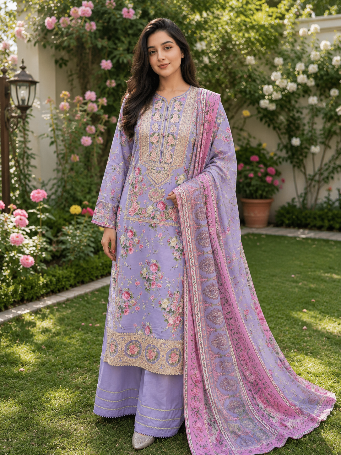 Lavender Rose Embroidered Cotton Suit with Floral Dupatta & Palazzo