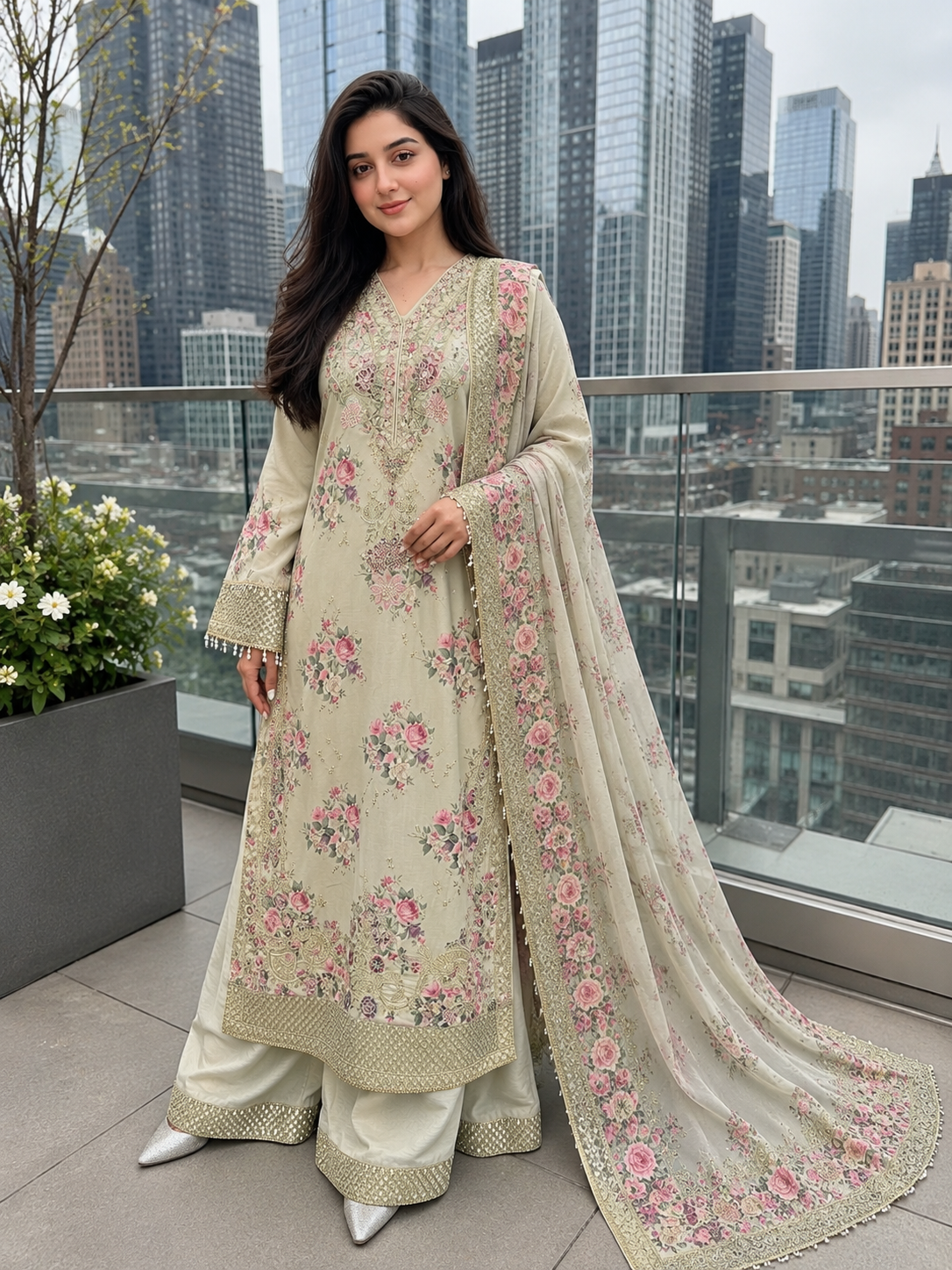 Ivory Bloom Embroidered Cotton Suit with Floral Dupatta & Flare Trouser