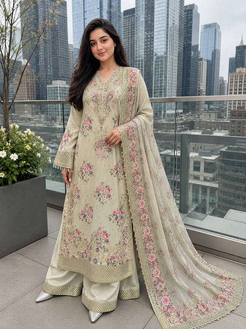 Ivory Bloom Embroidered Cotton Suit with Floral Dupatta & Flare Trouser