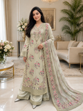 Ivory Bloom Embroidered Cotton Suit with Floral Dupatta & Flare Trouser