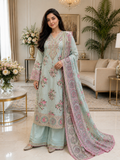 Mint Blossom Embroidered Silk Viscose Suit with Printed Silk Dupatta & Wide-Leg Trousers