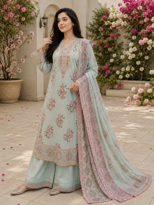 Mint Blossom Embroidered Silk Viscose Suit with Printed Silk Dupatta & Wide-Leg Trousers