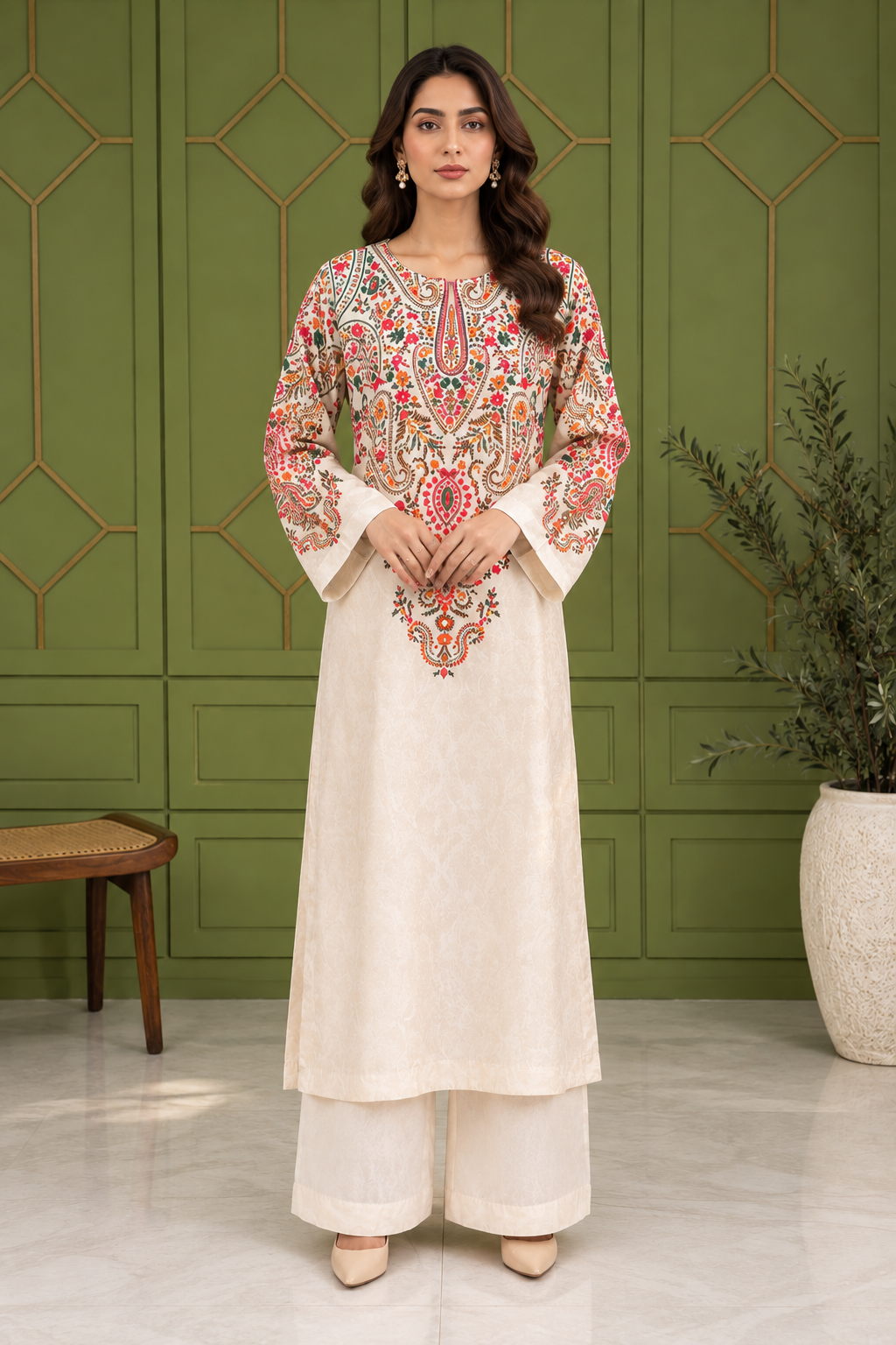 Elegant Embroidered Jacquard 2-Piece Suit – Ivory