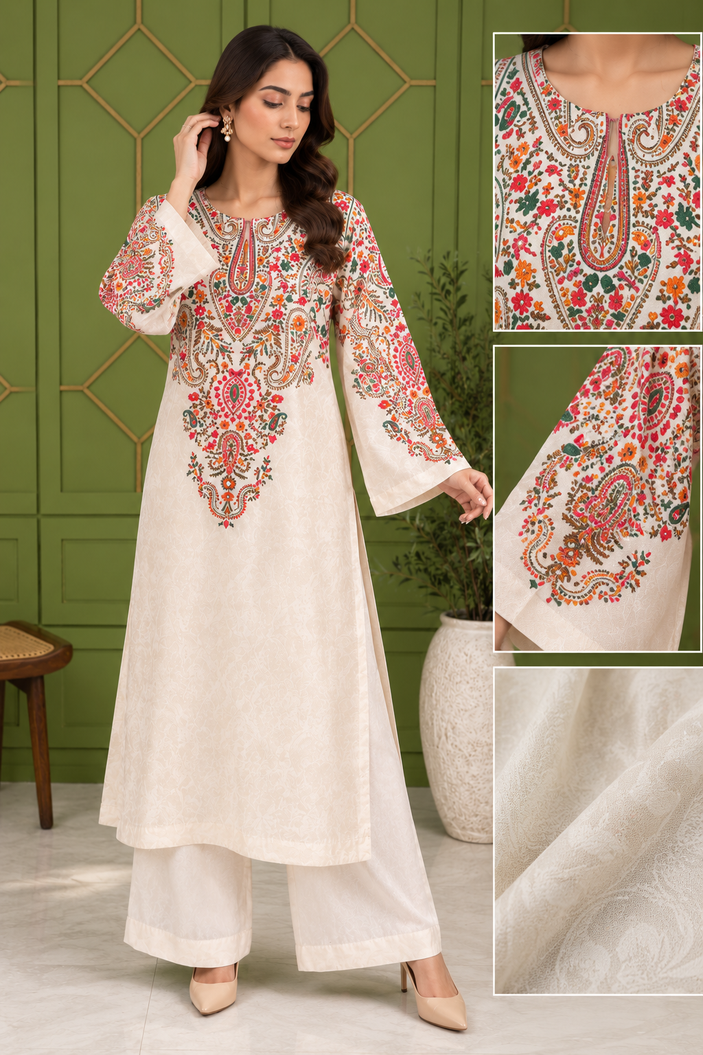 Elegant Embroidered Jacquard 2-Piece Suit – Ivory