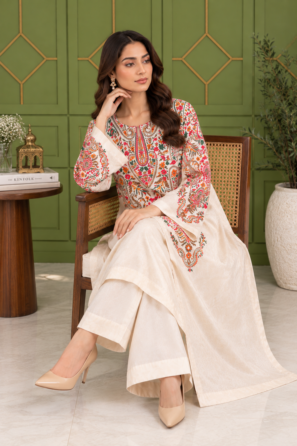 Elegant Embroidered Jacquard 2-Piece Suit – Ivory