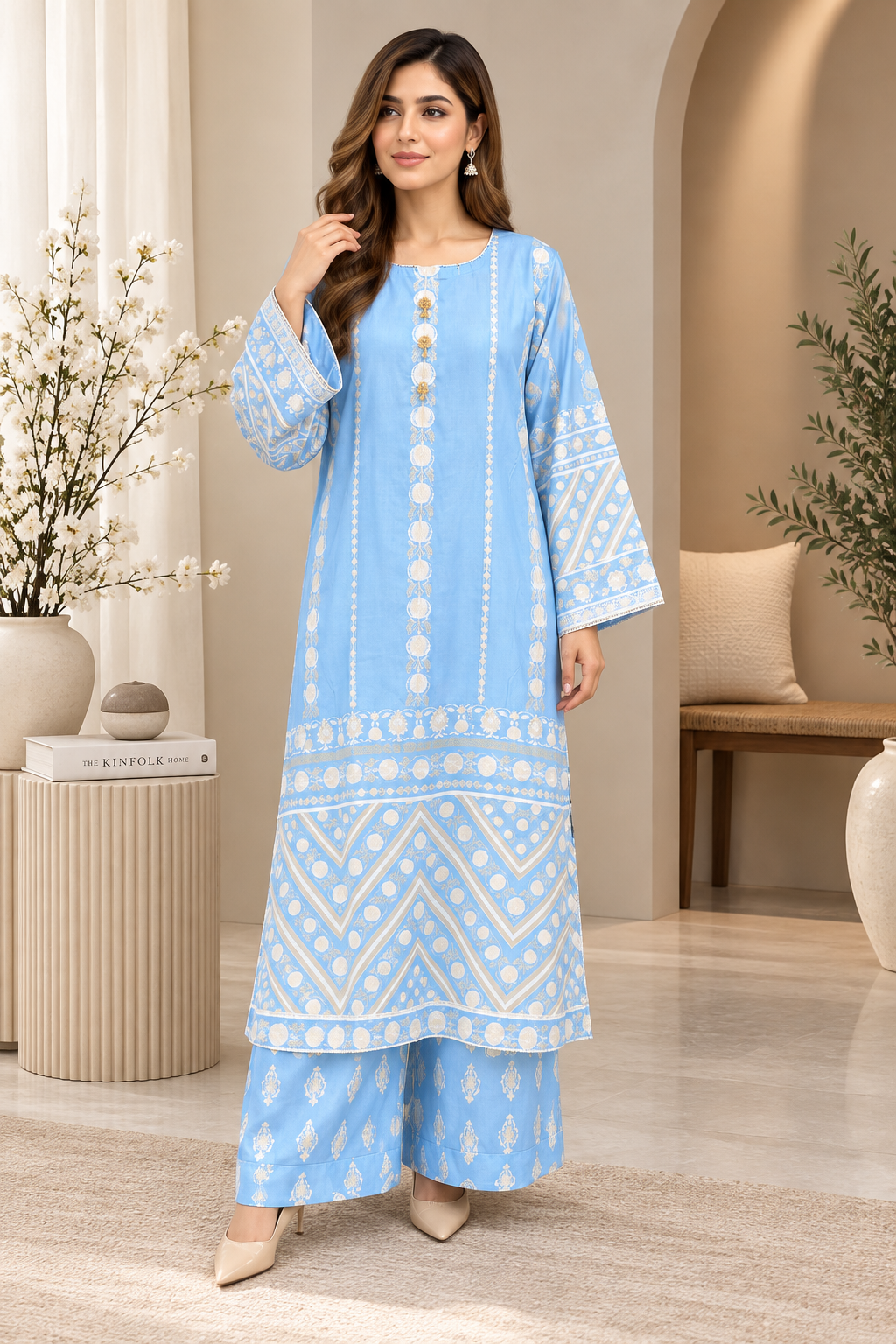 Sky Blue Printed 2-Piece Suit – Elegant Wide-Sleeve Design