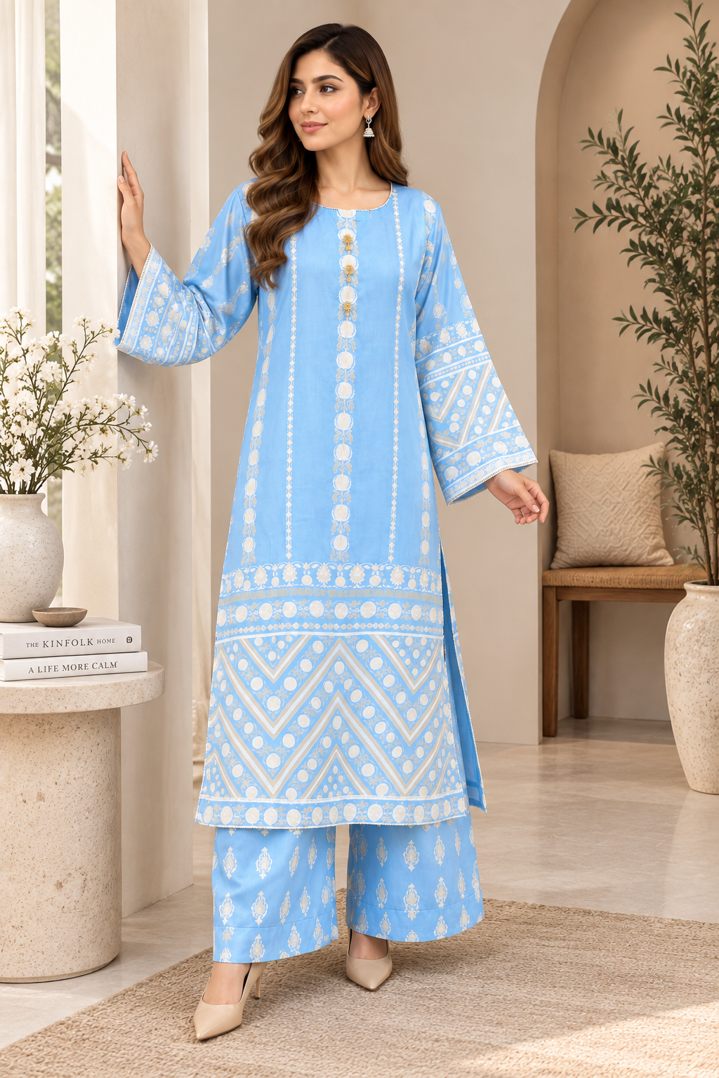 Sky Blue Printed 2-Piece Suit – Elegant Wide-Sleeve Design