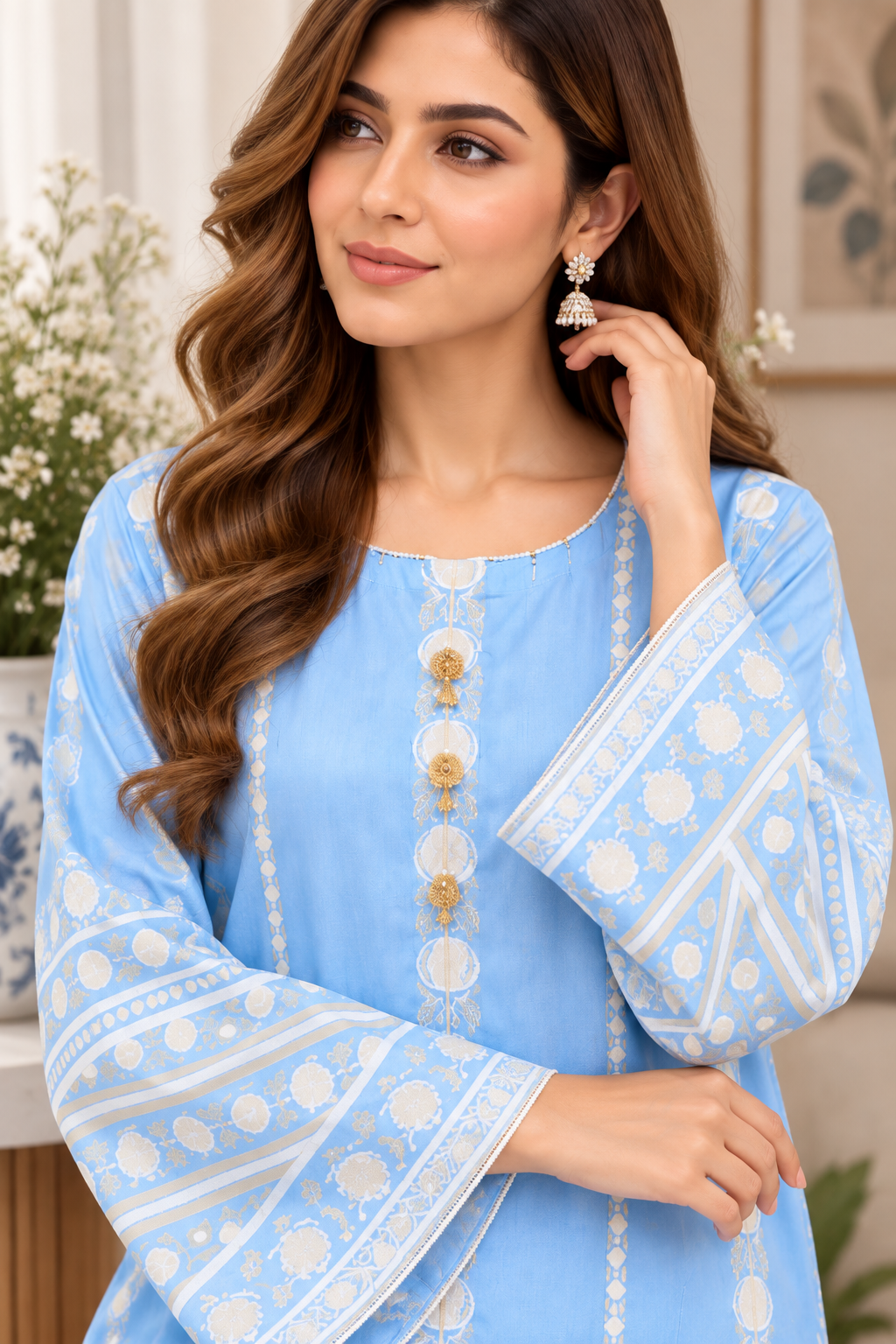 Sky Blue Printed 2-Piece Suit – Elegant Wide-Sleeve Design