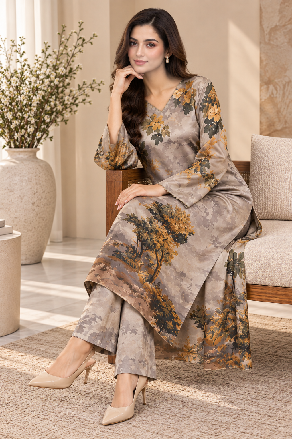 Luxury Printed Silk Kaftan – Elegant Botanical Print