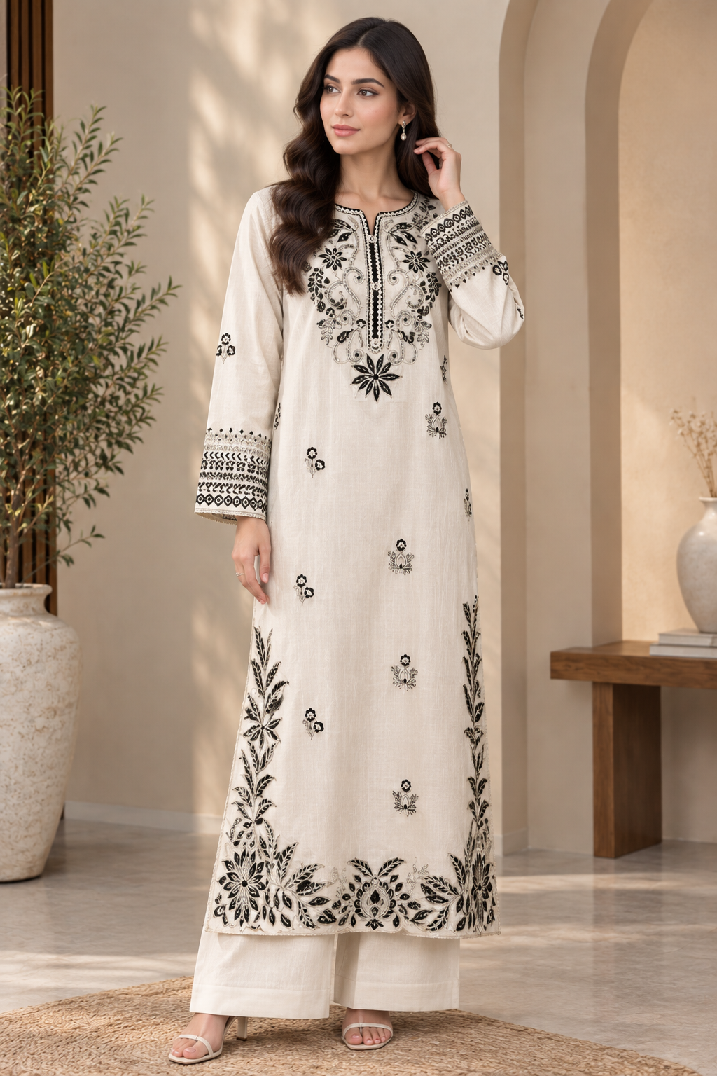 Ivory & Black Embroidered Silky Viscose 2PC Suit