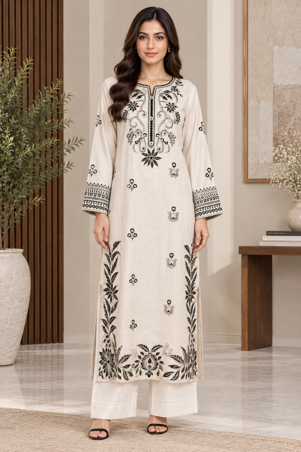 Ivory & Black Embroidered Silky Viscose 2PC Suit