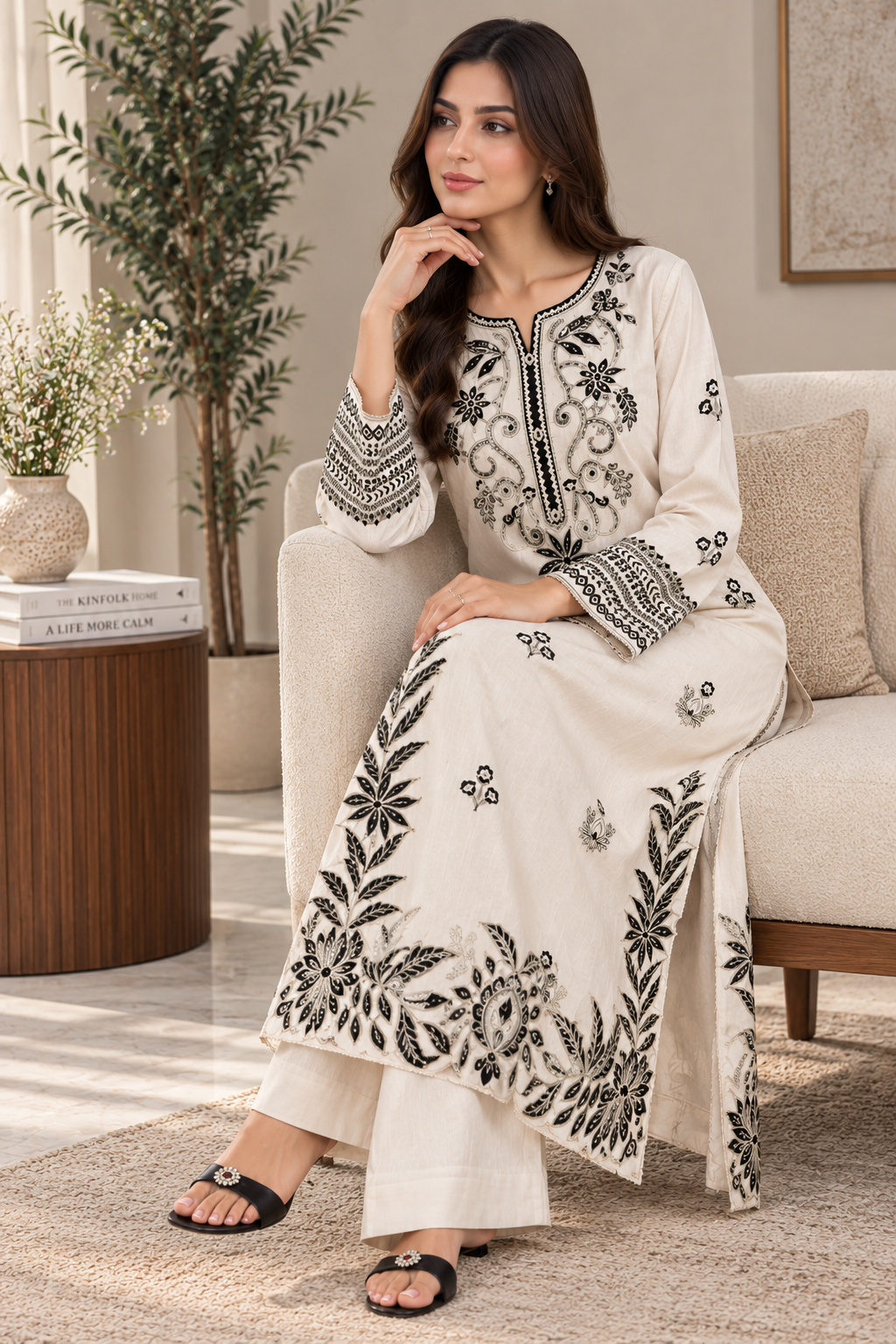 Ivory & Black Embroidered Silky Viscose 2PC Suit