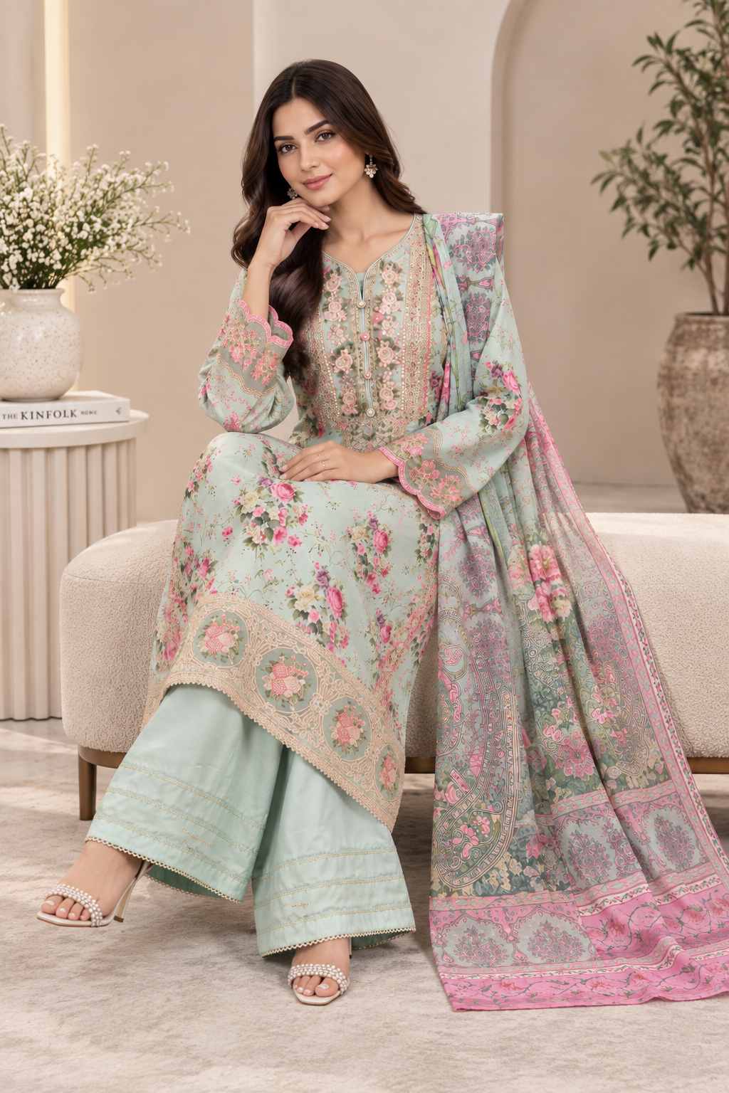 Mint Green Floral Embroidered Viscose 3PC Suit with Printed Dupatta