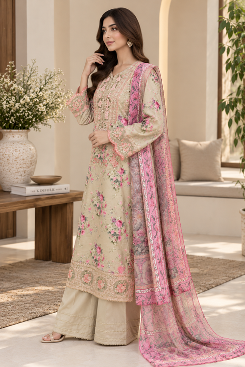 Beige Floral Embroidered Viscose 3PC Suit with Pink Printed Dupatta