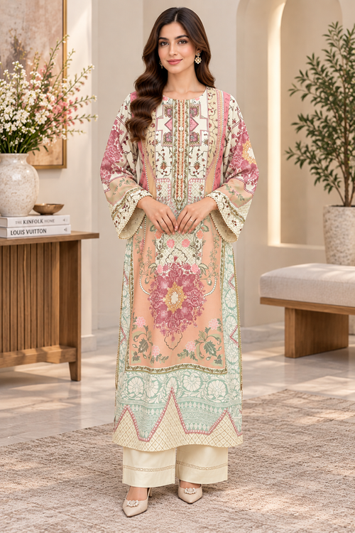 Peach Pink Floral Printed Silk-Finish Lawn Kaftan-Style 2PC Suit