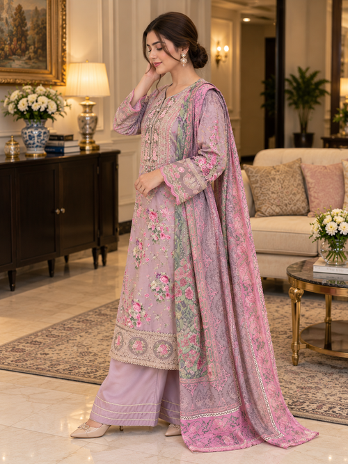 Mauve Pink Floral Embroidered Viscose 3PC Suit with Printed Dupatta