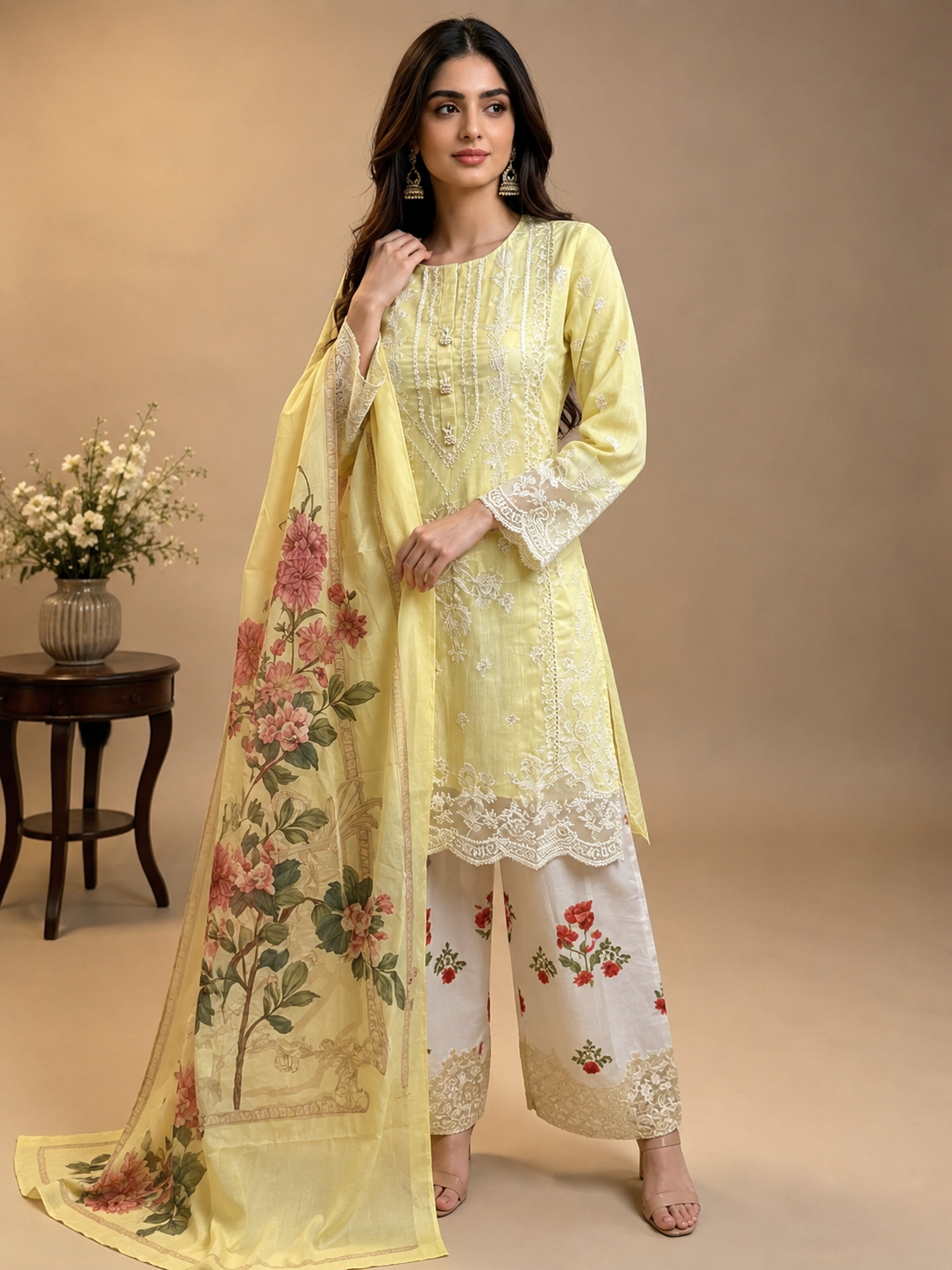 3pc ethnic inspired with printed trouser and silk duppatta