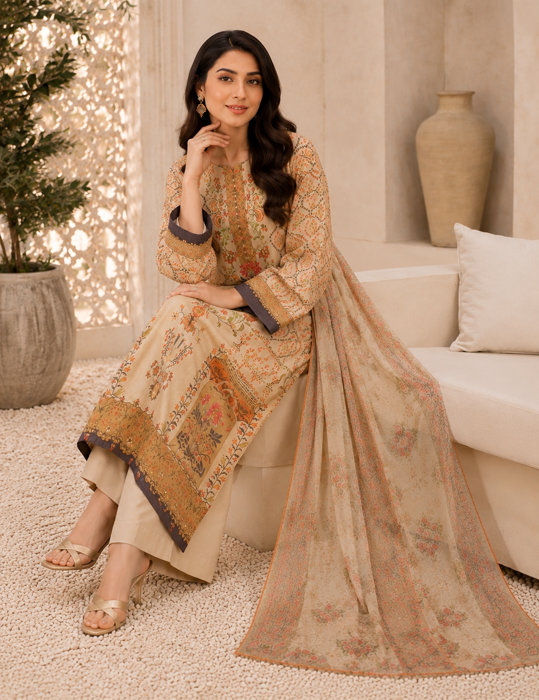Beige Floral Printed Silk 3-Piece Kaftan Suit