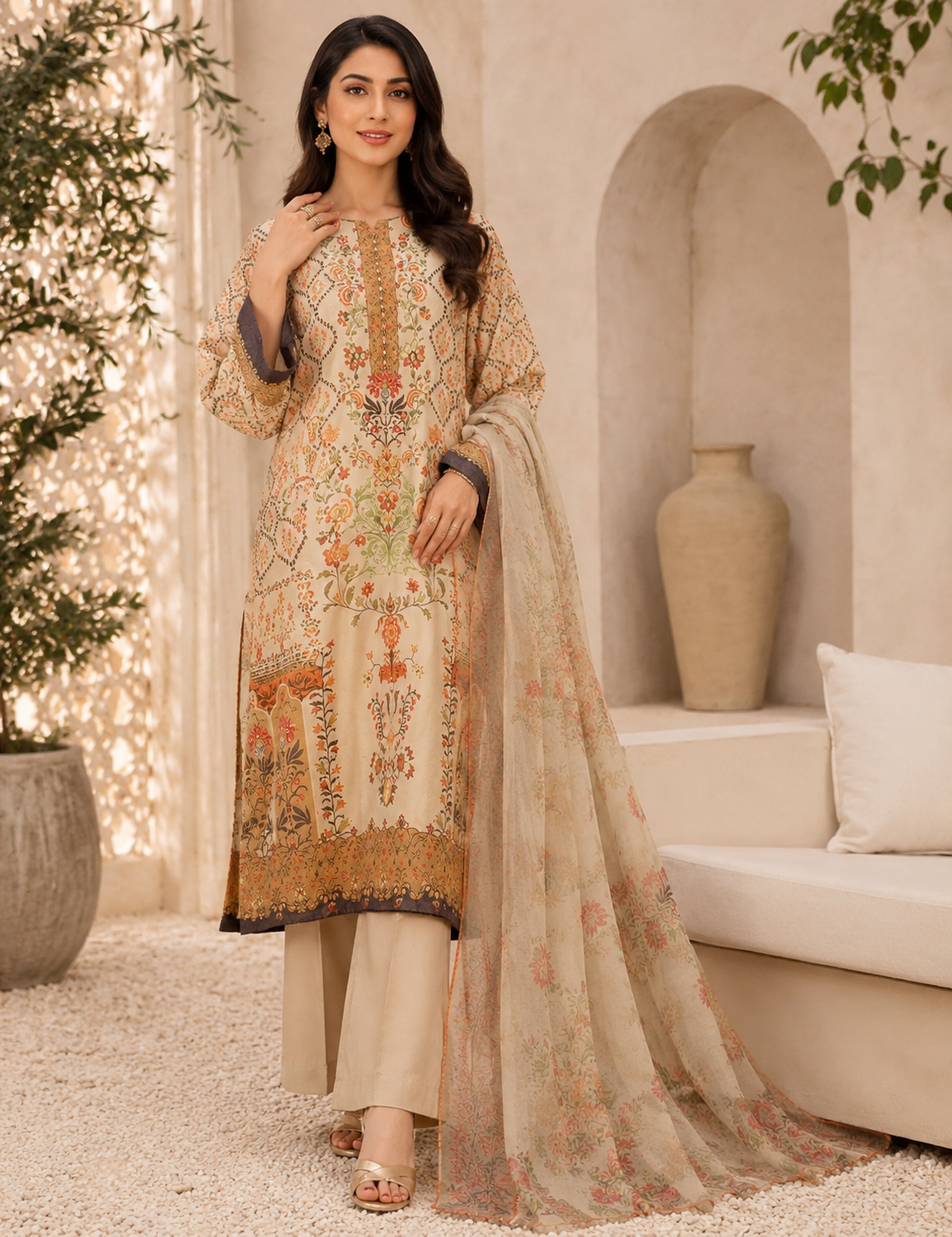 Beige Floral Printed Silk 3-Piece Kaftan Suit