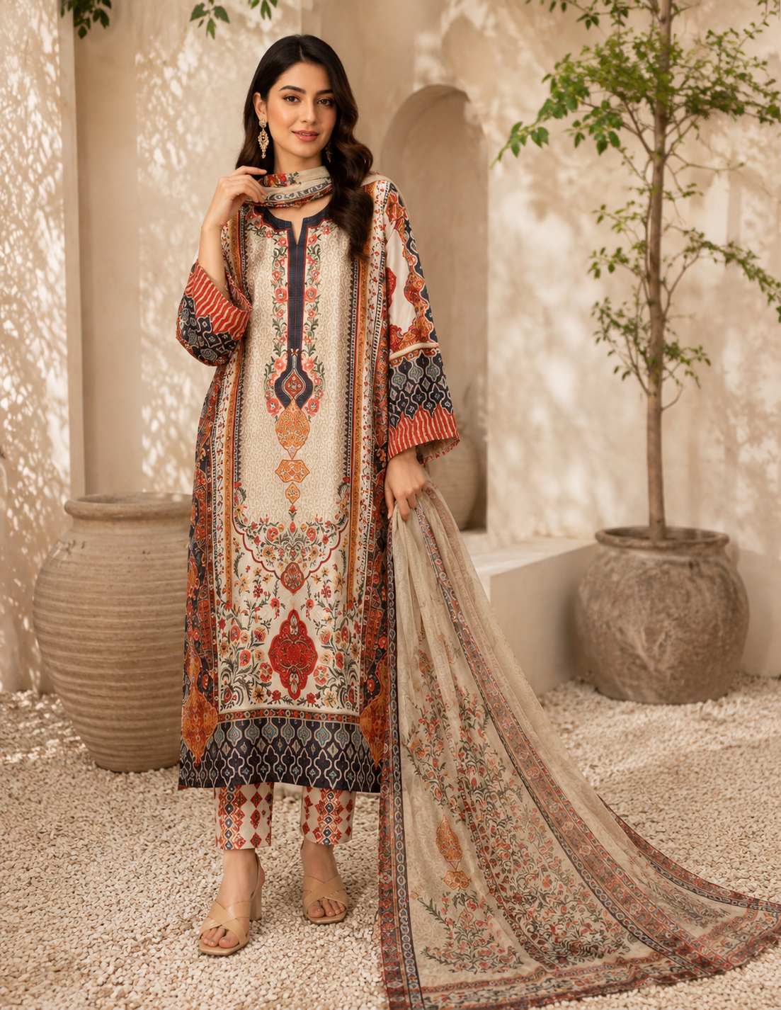 Ivory Multicolor Printed Silk 3-Piece Kaftan Suit