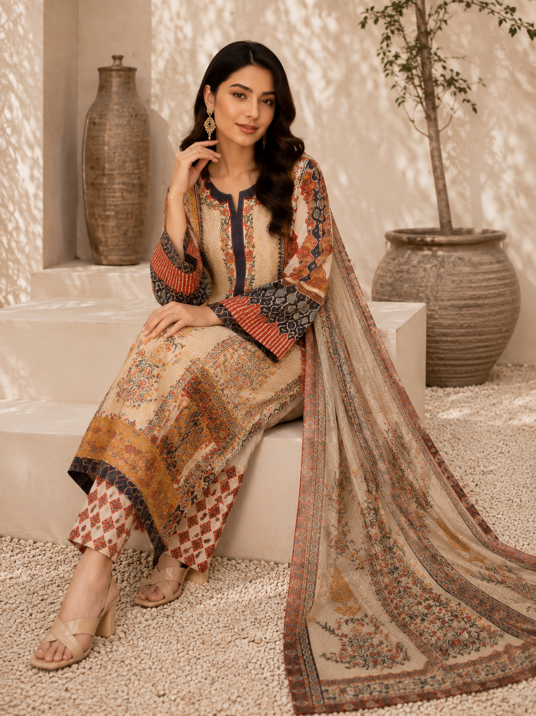 Ivory Multicolor Printed Silk 3-Piece Kaftan Suit