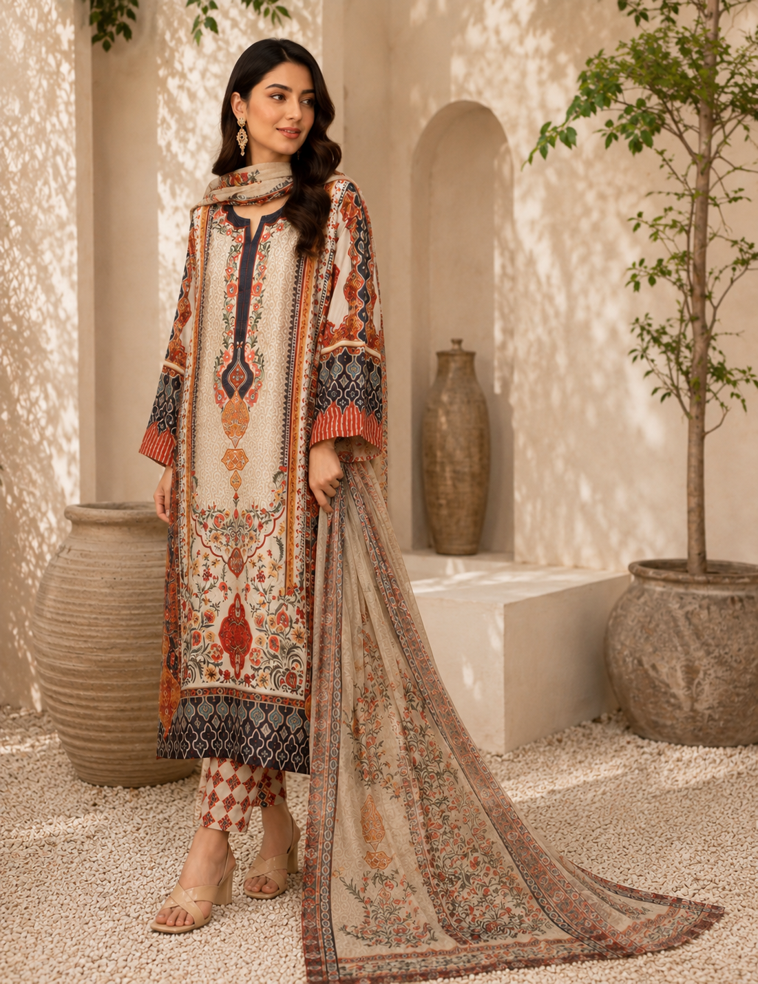 Ivory Multicolor Printed Silk 3-Piece Kaftan Suit