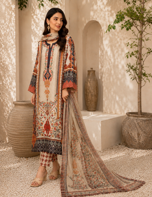 Ivory Multicolor Printed Silk 3-Piece Kaftan Suit