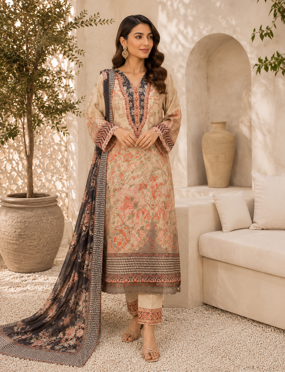 Ivory Floral Printed Silk 3-Piece Kaftan Suit