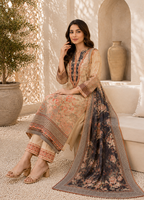 Ivory Floral Printed Silk 3-Piece Kaftan Suit