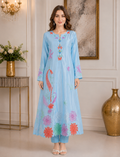 Sky Blue Embroidered Silk Long Kaftan