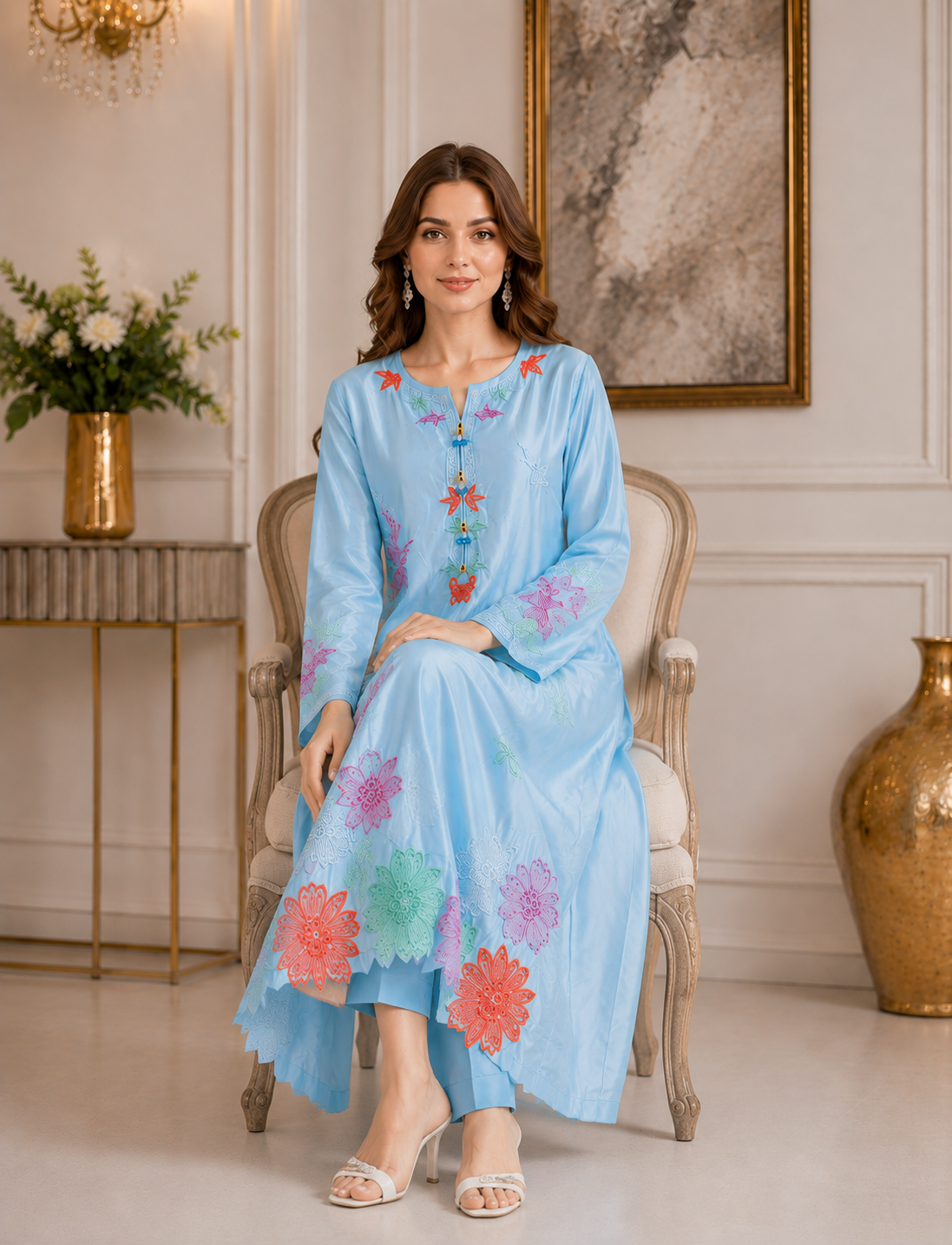 Sky Blue Embroidered Silk Long Kaftan