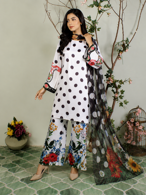 Black & White Printed 3-Piece silk Suit with Floral Palazzo