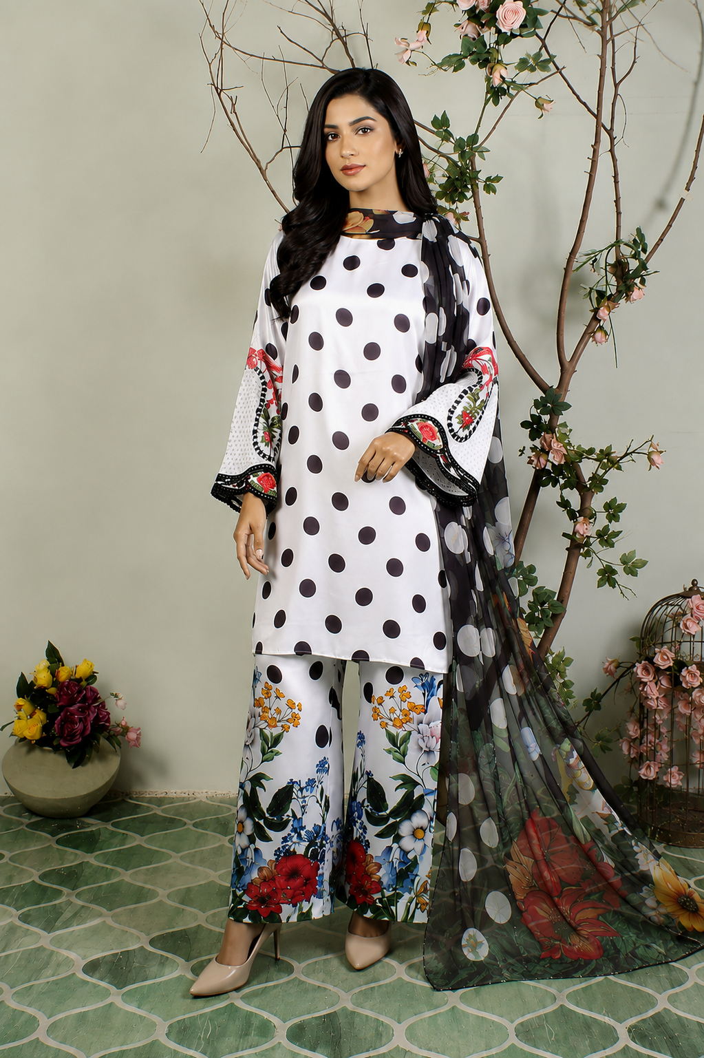 Black & White Printed 3-Piece silk Suit with Floral Palazzo