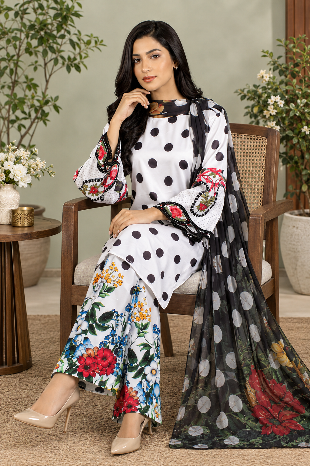 Black & White Printed 3-Piece silk Suit with Floral Palazzo