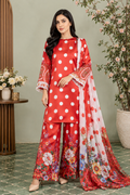 Coral Red Polka Dot Silk 3-Piece Suit with Floral Printed Trouser & Dupatta