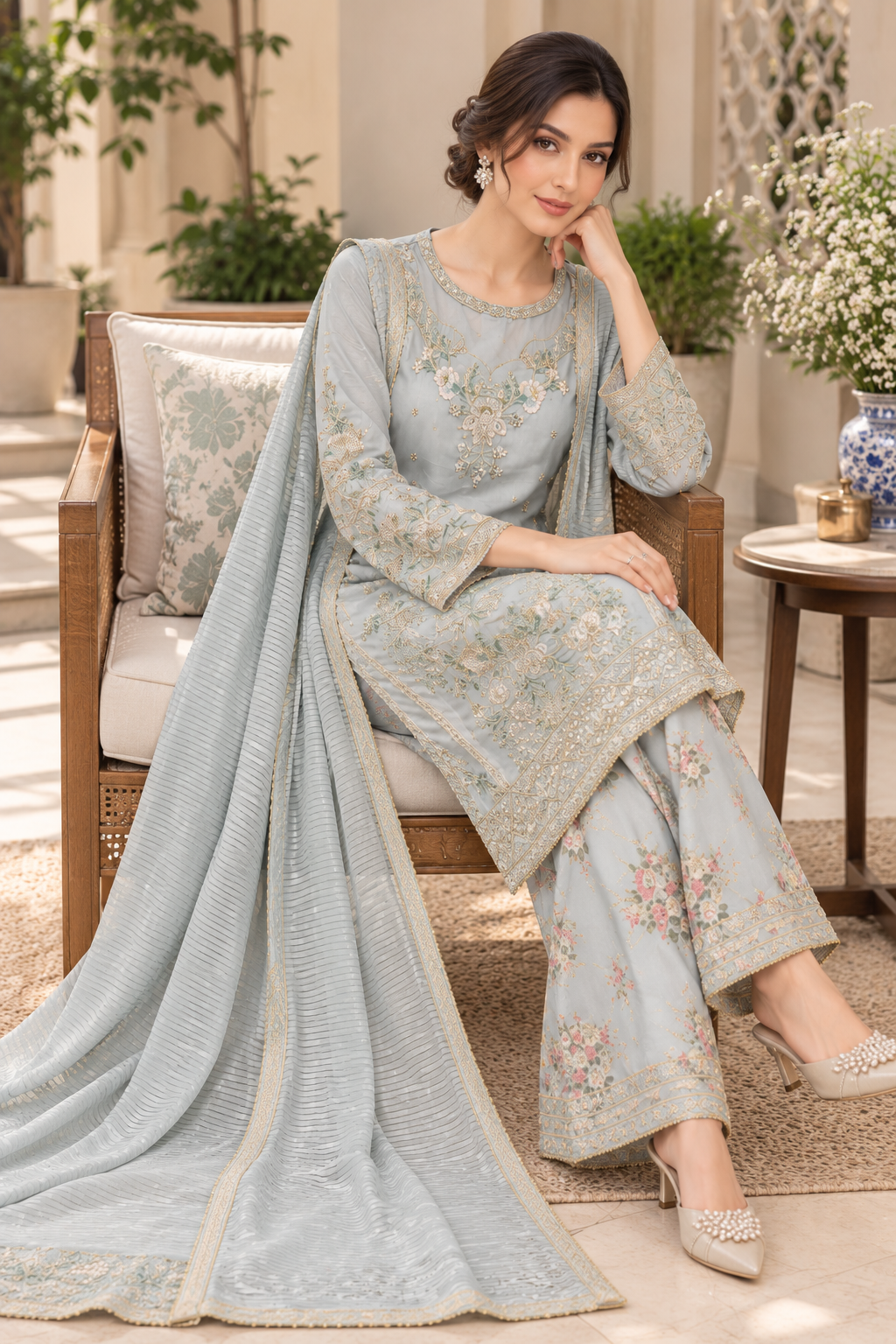 Ice Blue Floral Embroidered 3-Piece Suit with Textured Dupatta