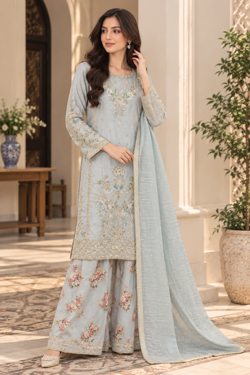 Ice Blue Floral Embroidered 3-Piece Suit with Textured Dupatta