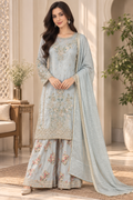 Ice Blue Floral Embroidered 3-Piece Suit with Textured Dupatta