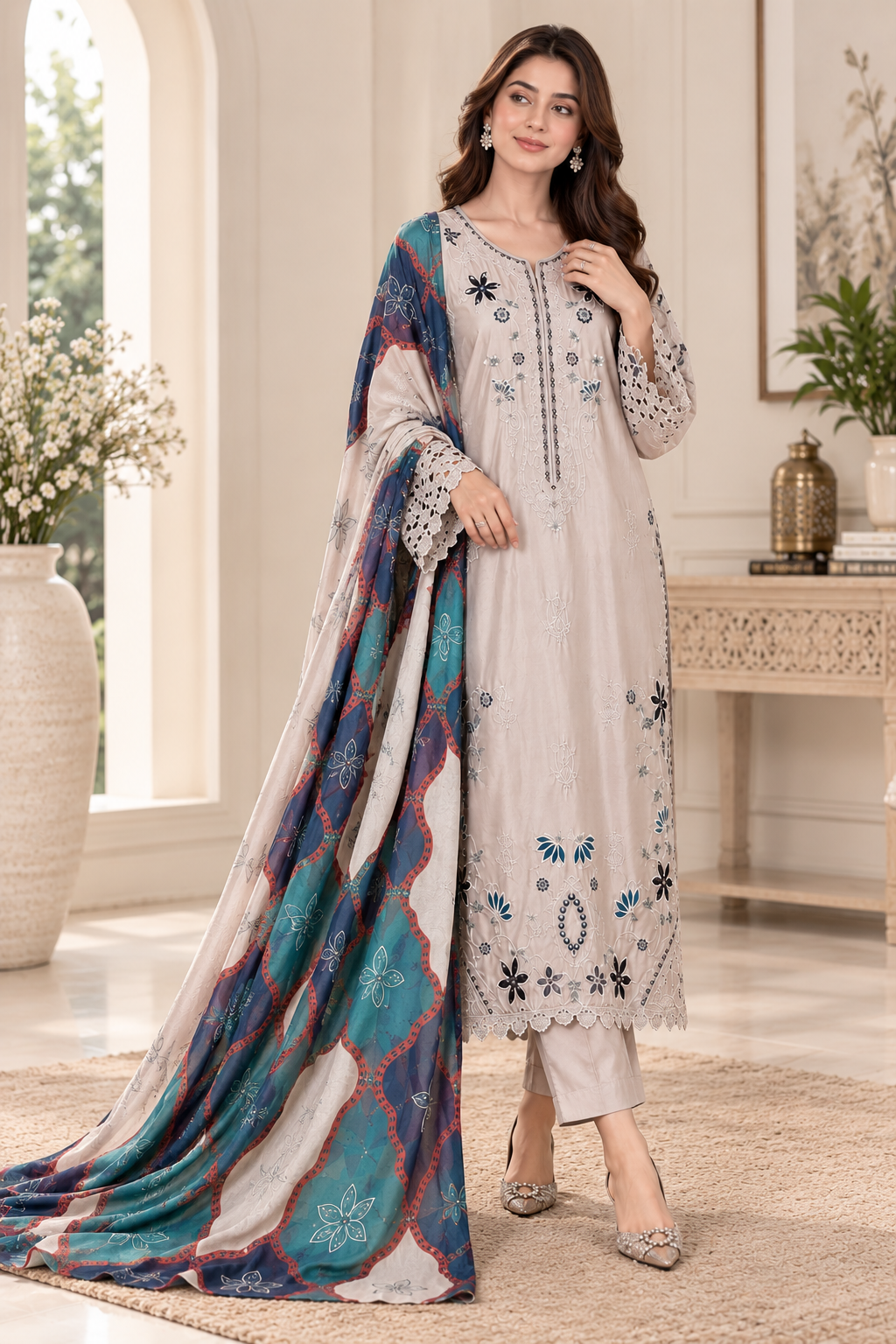 Pearl Beige Embroidered Silk Kaftan 3-Piece Suit with Printed Dupatta