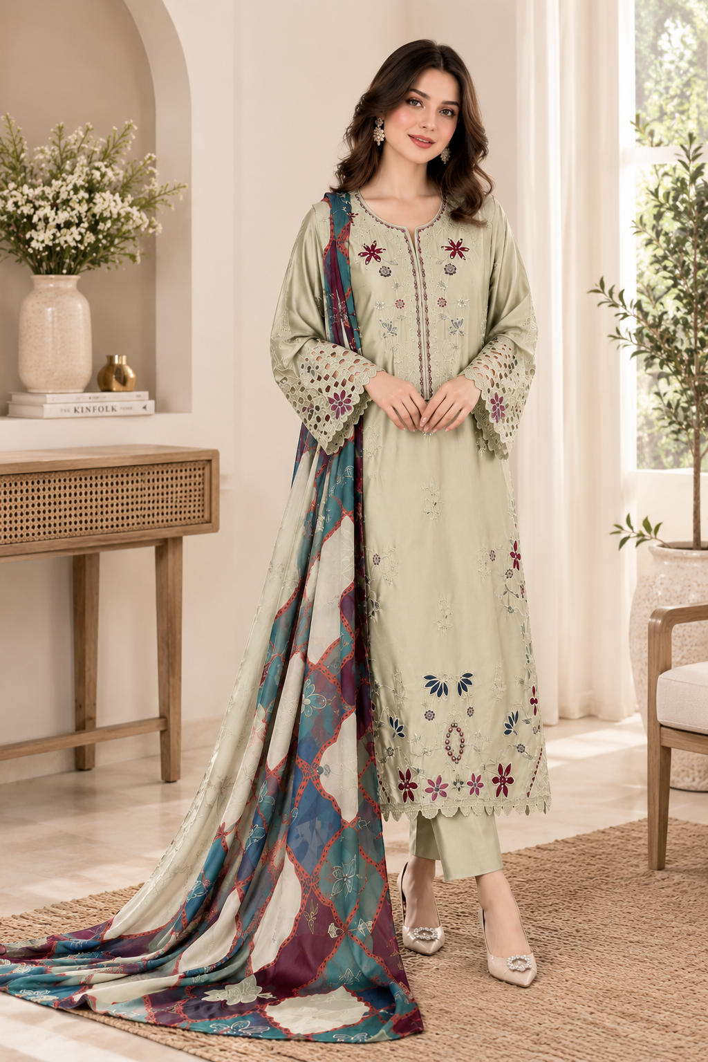 Sage Green Embroidered Silk Kaftan 3-Piece Suit with Printed Dupatta