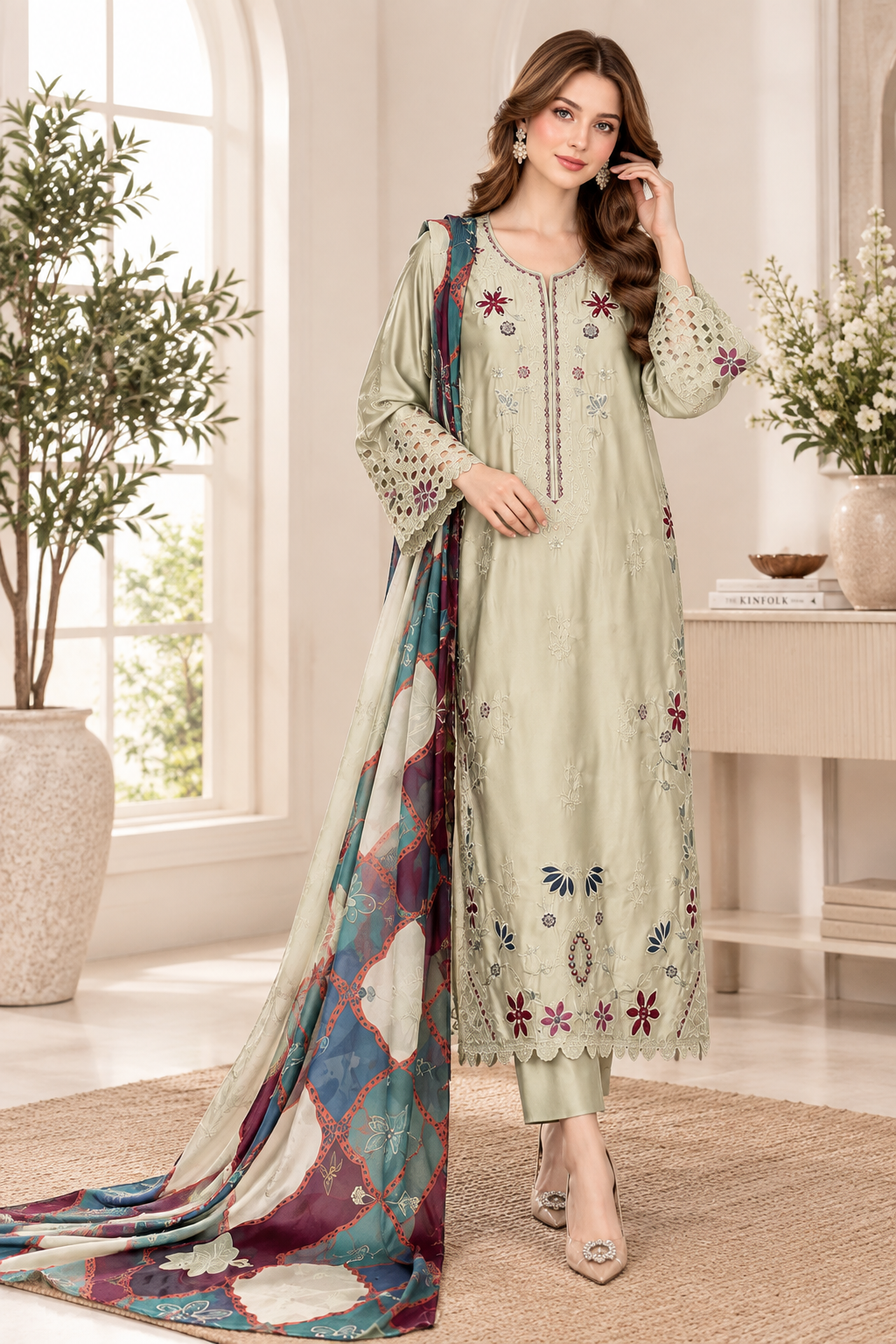 Sage Green Embroidered Silk Kaftan 3-Piece Suit with Printed Dupatta